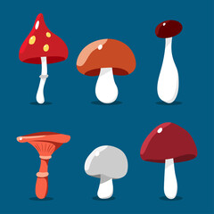 Cartoon mushrooms vector set isolated on background.