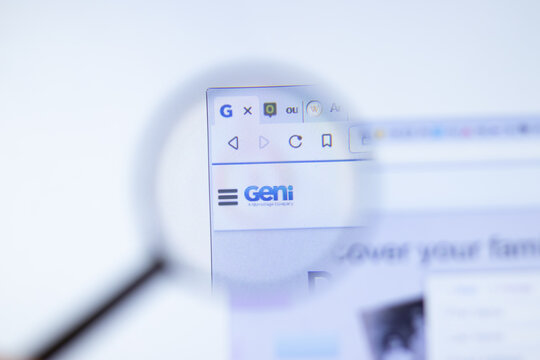 New York, USA - 29 September 2020: GENi geni.com company website with logo close up, Illustrative Editorial