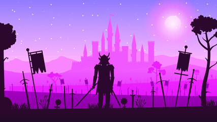 Naklejka premium Abstract Ninja Samurai With Sword On Battlefield Pink Background Vector With Castle