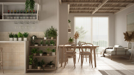 Cosy wooden sustainable living room in beige tones with bamboo ceiling. Sofa, dining table with chairs. Ceramic tiles floor and potted plants. Environmental friendly interior design