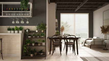 Cosy wooden sustainable living room in dark tones with bamboo ceiling. Sofa, dining table with chairs. Ceramic tiles floor and potted plants. Environmental friendly interior design