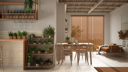 Cosy wooden sustainable living room in orange tones with bamboo ceiling. Sofa, dining table with chairs. Ceramic tiles floor and potted plants. Environmental friendly interior design