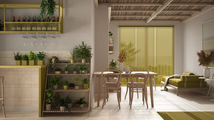 Cosy wooden sustainable living room in yellow tones with bamboo ceiling. Sofa, dining table with chairs. Ceramic tiles floor and potted plants. Environmental friendly interior design