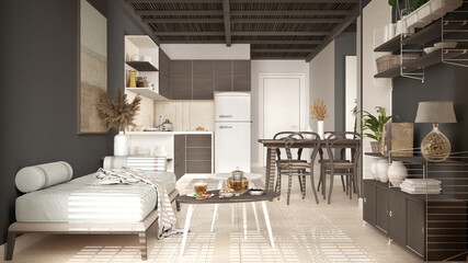 Cosy wooden sustainable living room and kitchen in dark tones with bamboo ceiling. Sofa, shelves, dining table, chairs. Ceramic tiles floor. Environmental friendly interior design