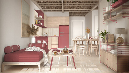 Cosy wooden sustainable living room and kitchen in red tones with bamboo ceiling. Sofa, shelves, dining table, chairs. Ceramic tiles floor. Environmental friendly interior design