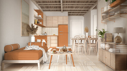 Cosy wooden sustainable living room and kitchen in orange tones with bamboo ceiling. Sofa, shelves, dining table, chairs. Ceramic tiles floor. Environmental friendly interior design