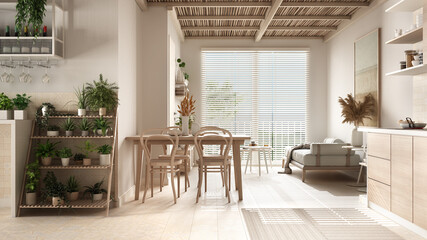 Cosy wooden sustainable living room and kitchen in beige tones with bamboo ceiling. Sofa, dining table, chairs. Potted plants. Ceramic floor. Environmental friendly interior design