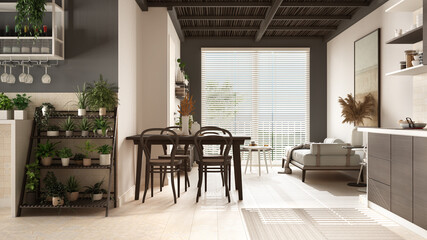 Cosy wooden sustainable living room and kitchen in dark tones with bamboo ceiling. Sofa, dining table, chairs. Potted plants. Ceramic floor. Environmental friendly interior design