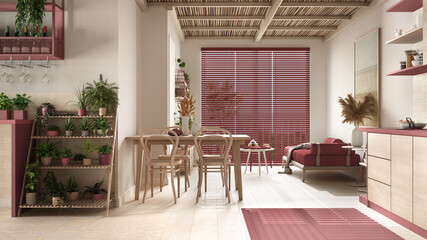 Cosy wooden sustainable living room and kitchen in red tones with bamboo ceiling. Sofa, dining table, chairs. Potted plants. Ceramic floor. Environmental friendly interior design