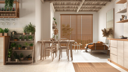 Cosy wooden sustainable living room and kitchen in orange tones with bamboo ceiling. Sofa, dining table, chairs. Potted plants. Ceramic floor. Environmental friendly interior design