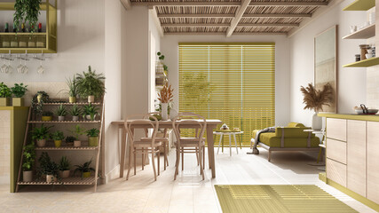 Cosy wooden sustainable living room and kitchen in yellow tones with bamboo ceiling. Sofa, dining table, chairs. Potted plants. Ceramic floor. Environmental friendly interior design