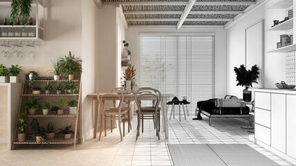 Architect interior designer concept: unfinished project that becomes real, living room and kitchen, bamboo ceiling. Sofa, dining table, chairs. Environmental friendly interior design