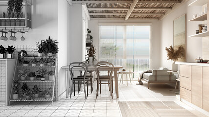 Architect interior designer concept: unfinished project that becomes real, living room and kitchen, bamboo ceiling. Sofa, dining table, chairs. Environmental friendly interior design