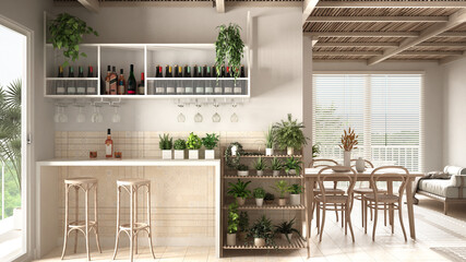 Cosy wooden sustainable living room in beige tones with bar area with stools. Sofa, dining table, chairs. Ceramic tiles floor and potted plants. Environmental friendly interior design