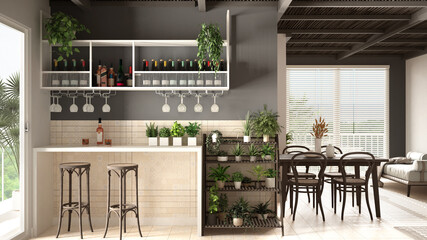 Cosy wooden sustainable living room in dark tones with bar area with stools. Sofa, dining table, chairs. Ceramic tiles floor and potted plants. Environmental friendly interior design
