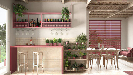 Cosy wooden sustainable living room in red tones with bar area with stools. Sofa, dining table, chairs. Ceramic tiles floor and potted plants. Environmental friendly interior design