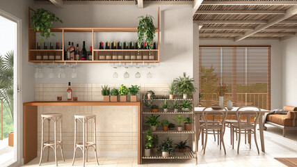 Cosy wooden sustainable living room in orange tones with bar area with stools. Sofa, dining table, chairs. Ceramic tiles and potted plants. Environmental friendly interior design