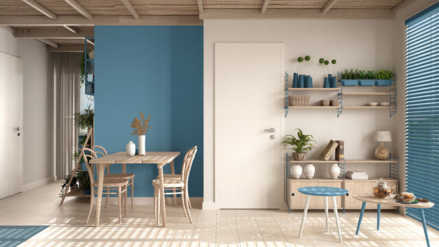 Cosy wooden sustainable living room and dining in blue tones with bamboo ceiling. Bookshelf, table with chairs. Potted plants. Ceramic floor. Environmental friendly interior design