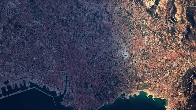 Sunrise on urban landscape and coastline Mediterranean sea satellite aerial view animation on Marseille France Europe. Images furnished by Nasa