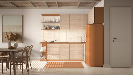 Fototapeta premium Cosy wooden sustainable dining room and kitchen in orange tones with bamboo ceiling. Table with chairs, refrigerator, appliances. Ceramic tiles. Environmental friendly interior design