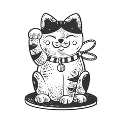 Maneki neko Japanese cat sketch engraving vector illustration. T-shirt apparel print design. Scratch board imitation. Black and white hand drawn image.