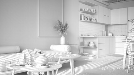 Total white project of cosy sustainable kitchen and living room with modern sofa and coffee tables. Tea time, glass teapot, teacup and snacks. Environmental friendly interior design