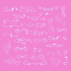 Vector Pastel Color Filigree Set, Elegant Decorative Elements on Light Pink Background, Light Blue Calligraphic Swirl.