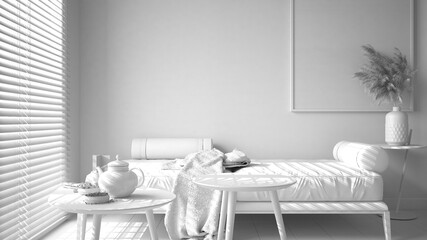 Total white project of cosy living room with modern sofa with blanket and coffee tables. Tea time, glass teapot and teacup, snacks. Environmental friendly interior design
