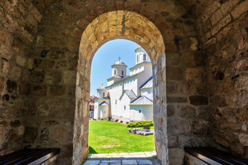 Fototapeta na wymiar Mileseva Monastery. Medieval 13th century Serbian Orthodox monastery. Founded by Serbian King Stefan Vladislav Nemanjic. Located near Prijepolje, Serbia.