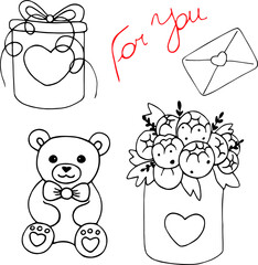 Set of vector doodles for Valentine's day. Bear, gift boxes, envelope and flowers. Graphics. Hand-drawn.