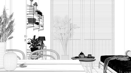 Blueprint project draft of cosy sustainable living room. Dining table, vases and ears of grain. Sofa, two coffee tables with teapot and tea cup. Environmental friendly interior design