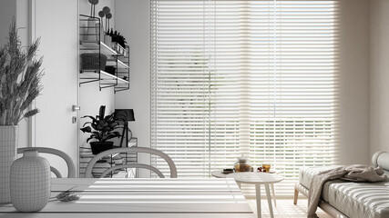 Architect interior designer concept: unfinished project that becomes real, living room. Dining table, vases and ears. Sofa, tables with teapot, tea cup. Environmental friendly design