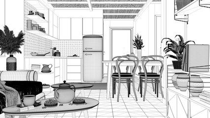 Blueprint project draft of cosy sustainable kitchen and living room with modern sofa and coffee tables. Tea time, glass teapot, teacup, snacks. Environmental friendly interior design