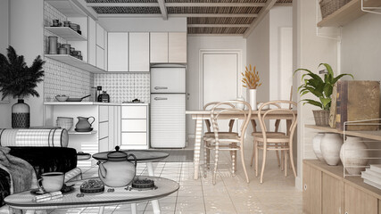 Architect interior designer concept: unfinished project that becomes real, kitchen, living room with sofa and tables. Tea time, glass teapot and teacup. Environmental friendly design