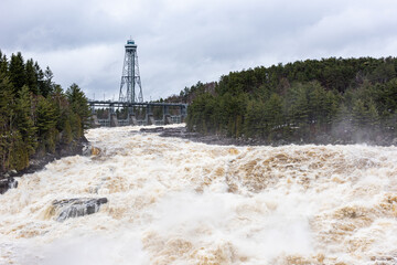 The Saint-Maurice river at the Shawinigan devil's hole during the spring floods (Quebec, Canada).