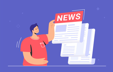 Breaking news notification of latest updates for world, entertainment and politics. Flat vector illustration of cute man standing near a big daily newspaper and reading hot news and stories