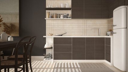 Cosy wooden sustainable dining room and kitchen in dark tones with ceramic tiles. Cabinets, shelves, pan and appliances, table with chairs. Environmental friendly interior design