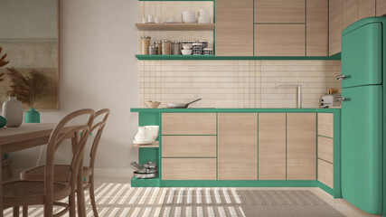 Cosy wooden sustainable dining room and kitchen in turquoise tones with ceramic tiles. Cabinets, shelves, pan and appliances, table with chairs. Environmental friendly interior design