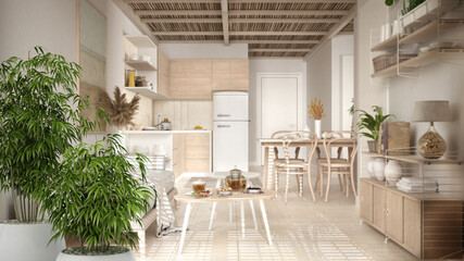 Zen interior with potted bamboo plant, vintage, modern living room with sofa and dining table, sofa and coffee tables with teapot and tea cup, sustainable architecture concept idea