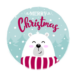 Christmas Greeting Card with polar bear. White bear with red scarf on blue background with snowflakes. Merry Christmas lettering. Good for Cards, Scrapbooking, Stickers, Planner, Invitations.