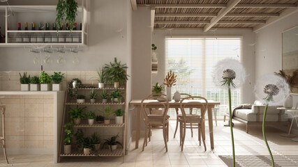 Fluffy airy dandelion with blowing seeds spores over cosy sustainable dining and living room with table, big window. Interior design idea. Change, growth, movement and freedom concept