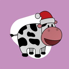 Illustration of Cow Wearing a Santa Hat and Opening Mouth Cartoon, Cute Funny Character, Flat Design