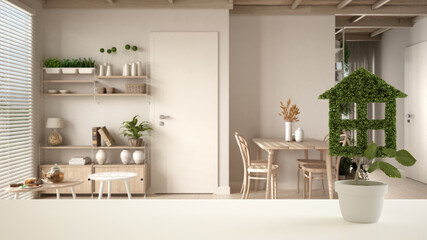 White table top or shelf with green plant in pot shaped like house, cosy sustainable dining and living room background, interior design, real estate, eco architecture concept idea