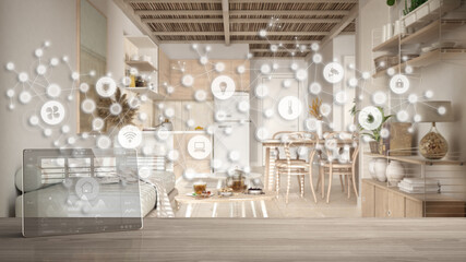 Tablet wireless with smart home app on wooden table, geometric background with connected line and dots showing internet of things system, home automation concept, dining, living room