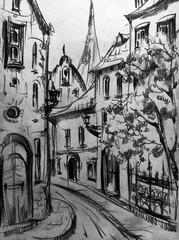 Drawing of architectural structures of the old city executed from life . Historical building in the center of Kiev . Cityscape sketch handmade