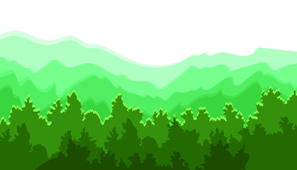 Vector Mountains Background, Green Forest, Colorful Illustration, Flat Layers, Graphic Backdrop, Wild Nature.
