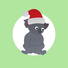 Illustration of Koala Smiling While Wearing Santa Hat Cartoon, Cute Funny Character, Flat Design