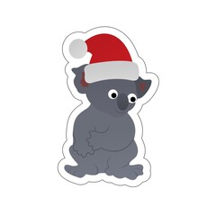 Sticker of Koala Smiling While Wearing Santa Hat Cartoon, Cute Funny Character, Flat Design