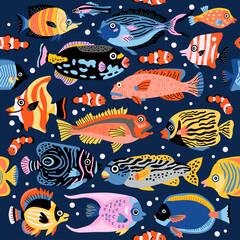 A coral fish seamless pattern with exotic tropical underwater animals. Background of coral reef life. Colorful childish vector illustration. Wrapping, notebooks, labels, accessories-school.