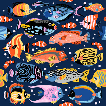 A coral fish seamless pattern with exotic tropical underwater animals. Background of coral reef life. Colorful childish vector illustration. Wrapping, notebooks, labels, accessories-school. © Pictulandra